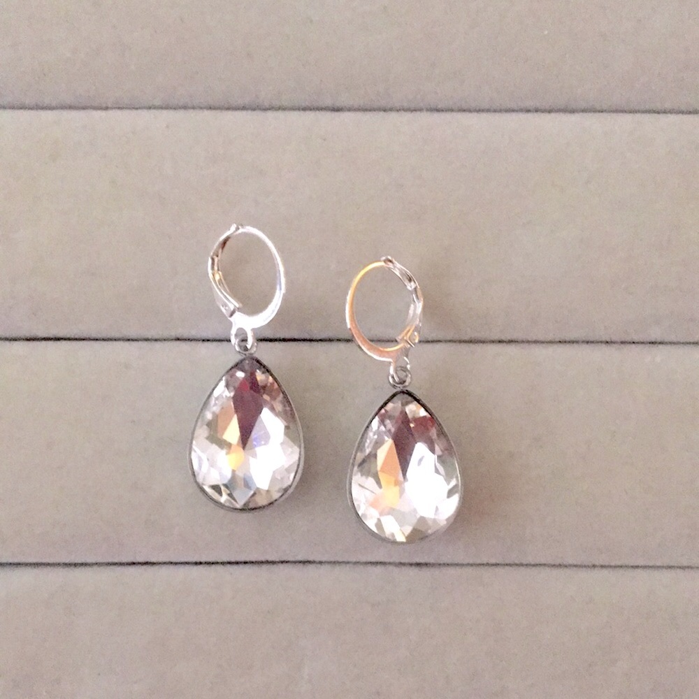 Silver + Stainless Steel Crystal Pear Drop Earrings - Picture 4 of 7